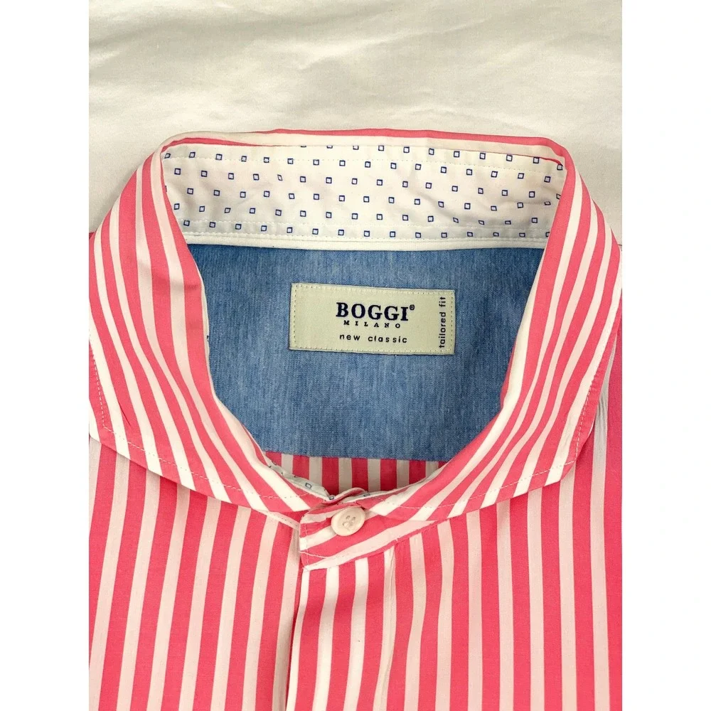 Boggi Milano Mens Pink White Striped Spread Collar Button Down New Classic Shirt